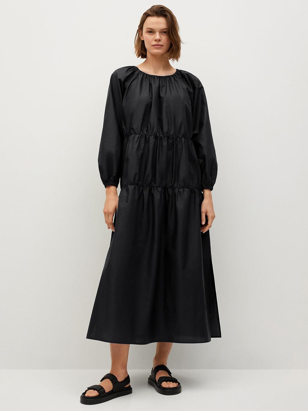 mango-women-black-solid-tiered-pure-cotton-a-line-midi-dress