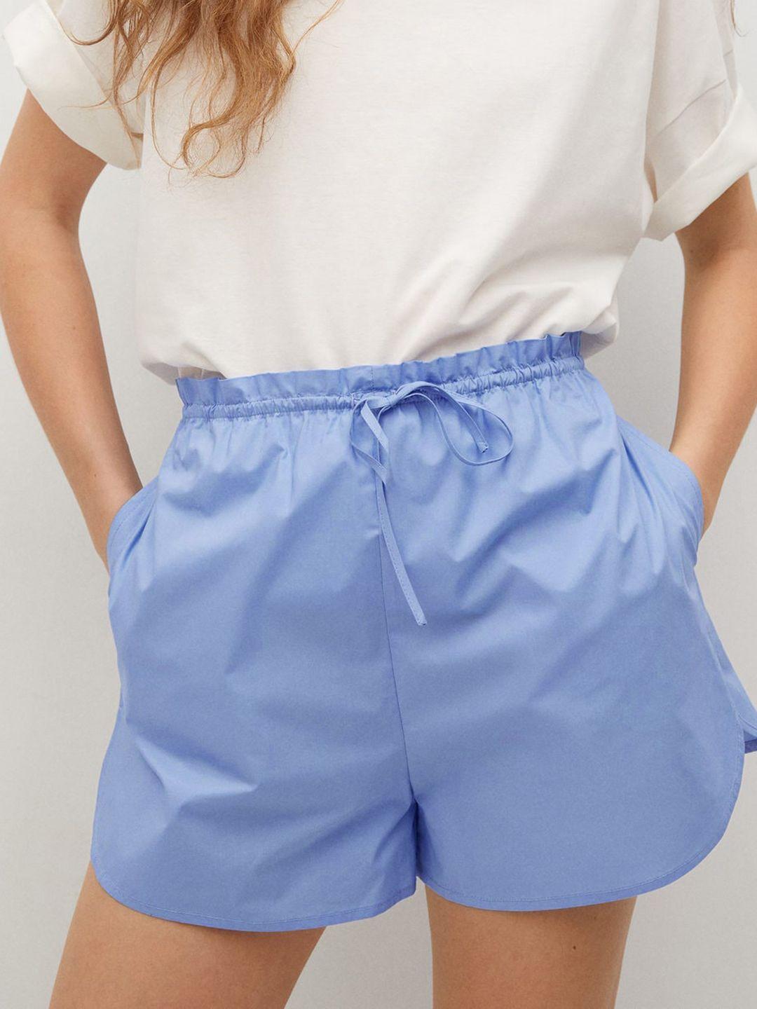 mango-women-blue-solid-pure-cotton-regular-shorts