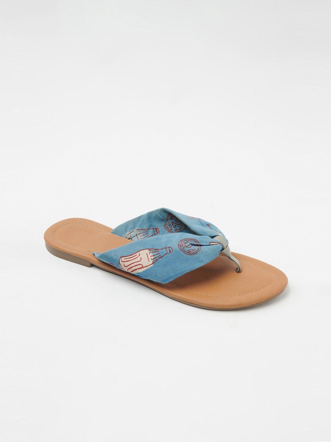fabindia-women-blue-printed-t-strap-flats-with-laser-cuts