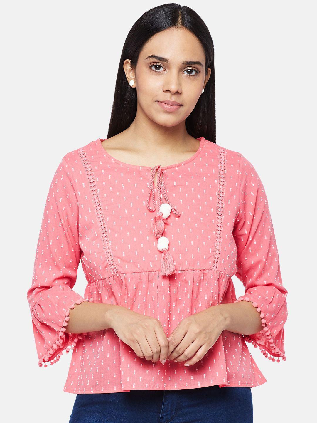 people-coral-checked-tie-up-neck-bell-sleeve-empire-top