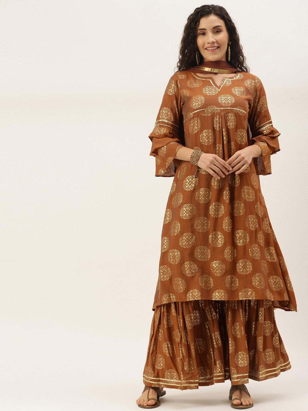 vaaba-women-rust-brown-&-golden-ethnic-motifs-foil-print-kurta-with-sharara-&-dupatta
