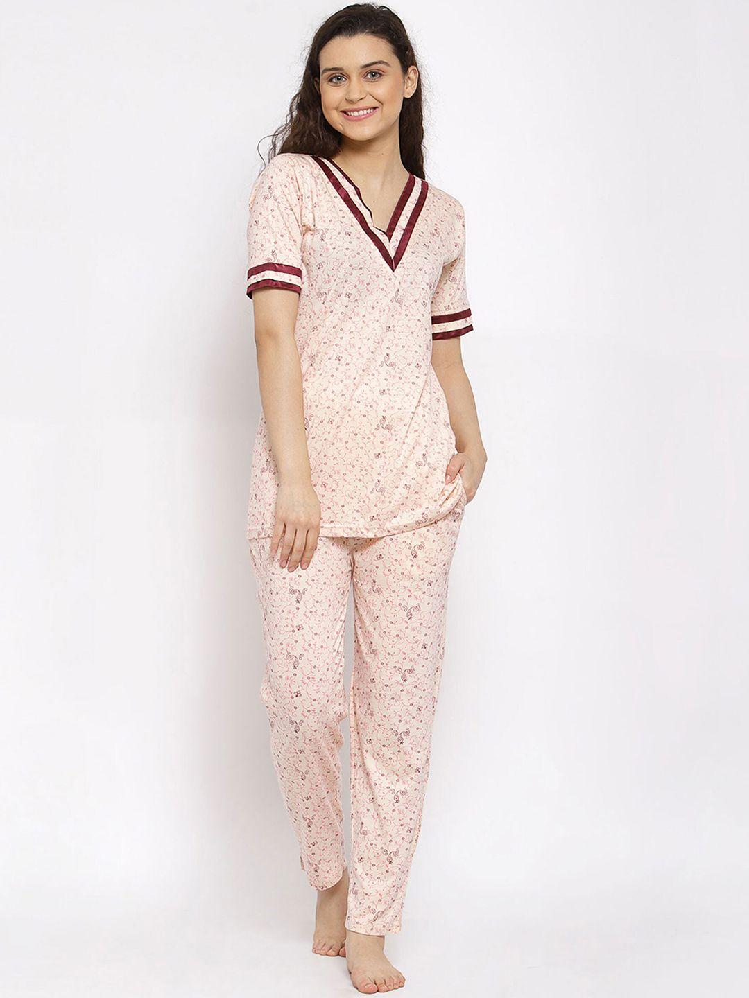 fasense-women-peach-printed-top-&-pyjama-set