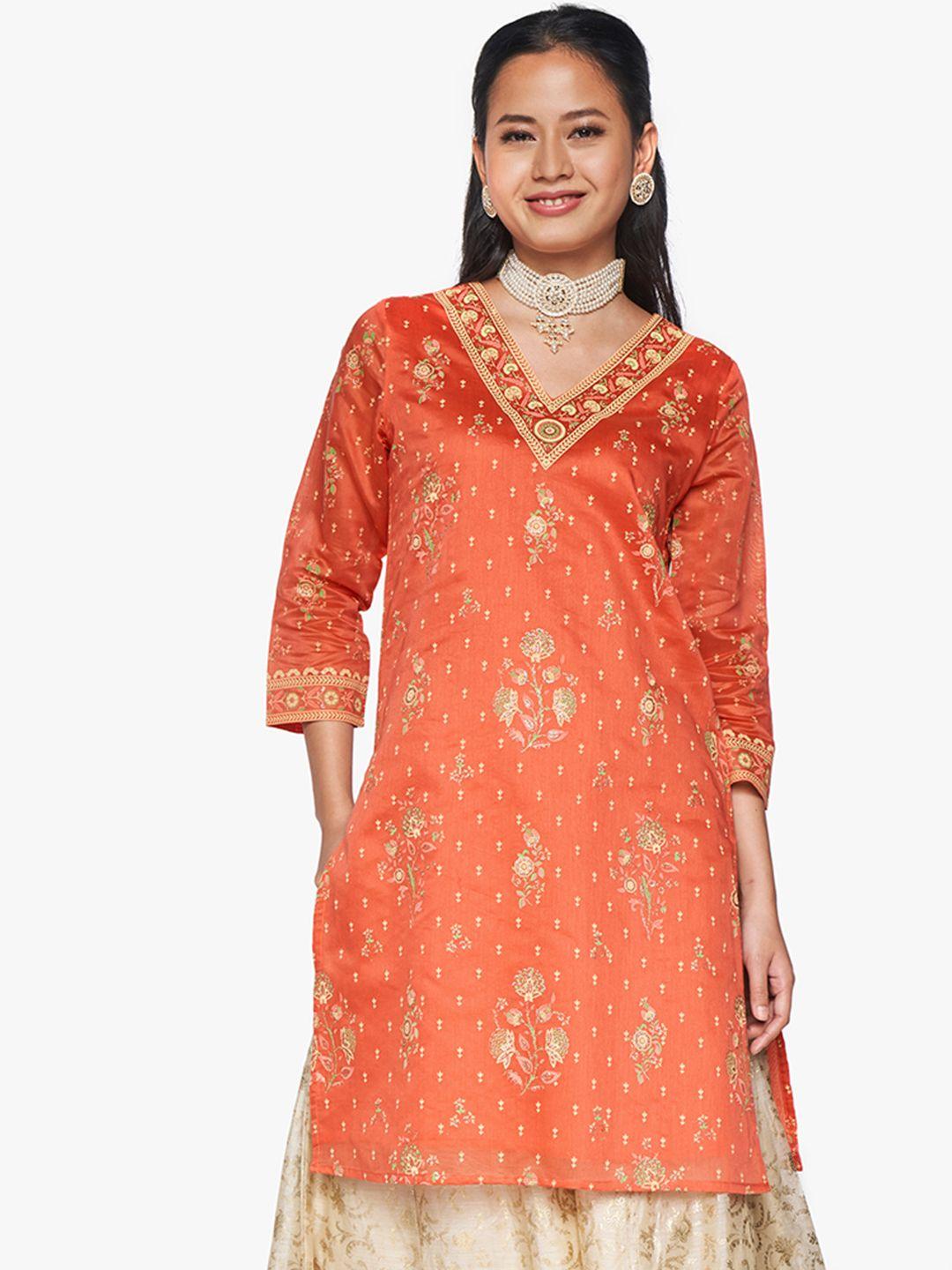 global-desi-women-orange-&-cream-coloured-v--neck-ethnic-motifs-printed-kurta
