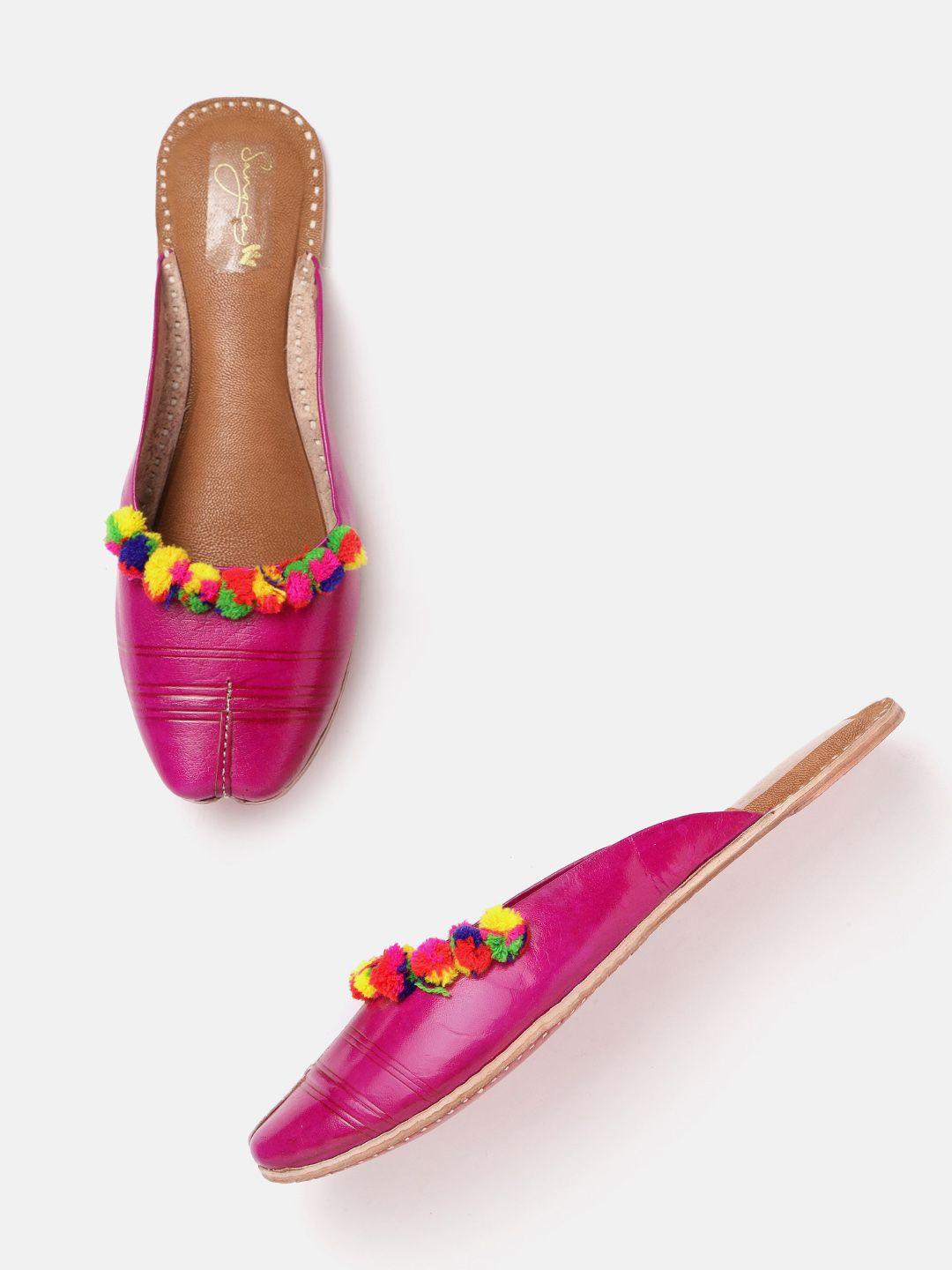 sangria-women-magenta-&-yellow-striped-pom-pom-embellished-handcrafted-mules