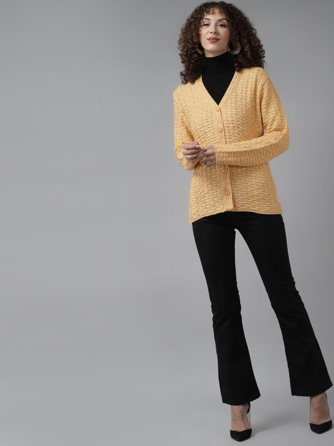 cayman-women-yellow-self-design-woollen-cardigan