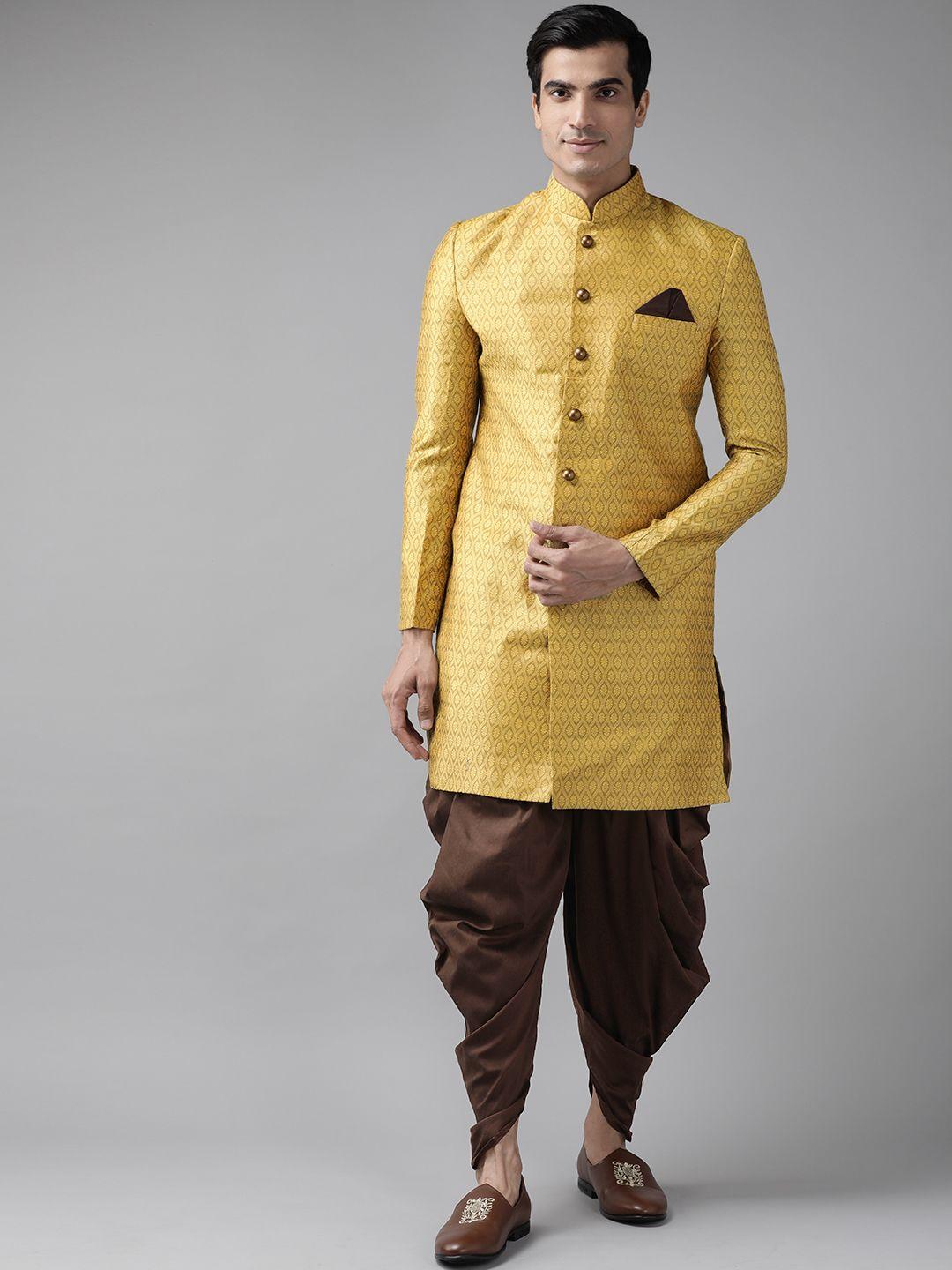 vastramay-men-mustard-yellow-&-brown-self-design-slim-fit-sherwani-set