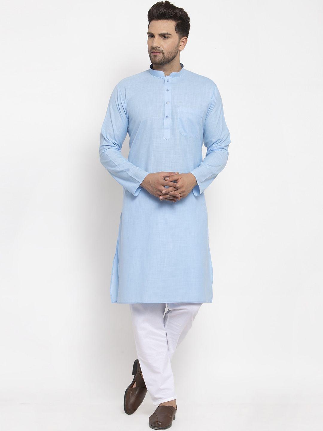 kraft-india-men-turquoise-blue-&-white-solid-regular-kurta-with-pyjamas
