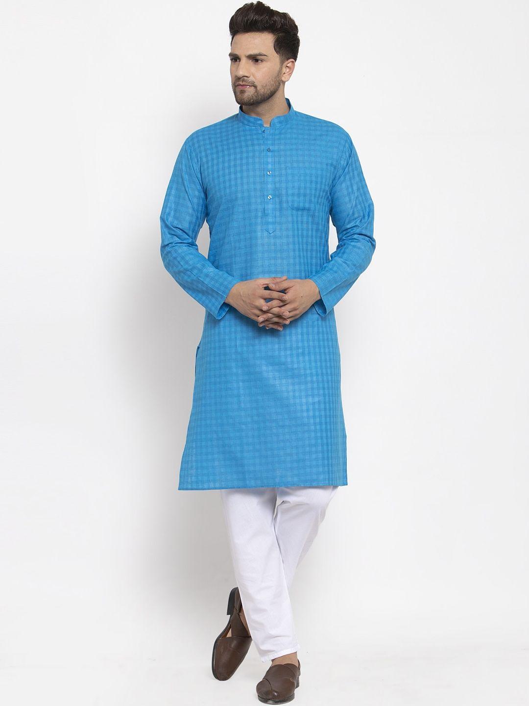 kraft-india-men-blue-&-white-checked-printed-cotton-blend-kurta-with-pyjamas