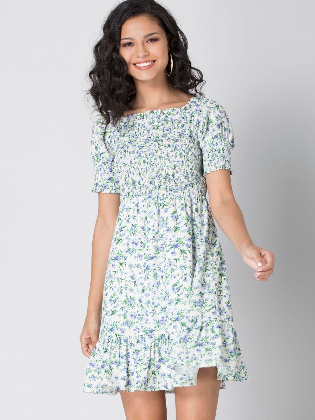 faballey-white-&-green-floral-printed-smocked-georgette-dress