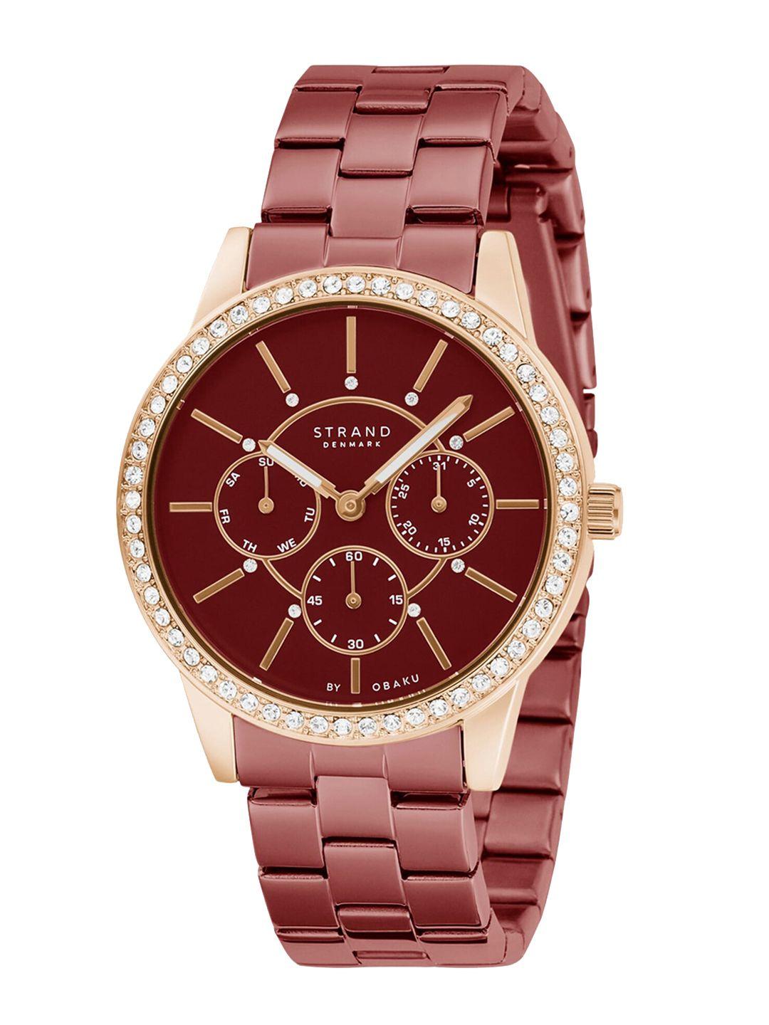 strand-by-obaku-women-red-brass-embellished-dial-&-stainless-steel-strap-analogue-watch