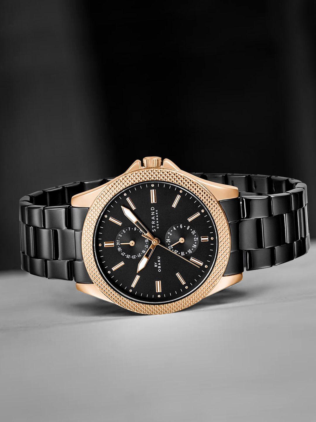 strand-by-obaku-men-black-brass-dial-&-stainless-steel-bracelet-style-strap-analogue-watch