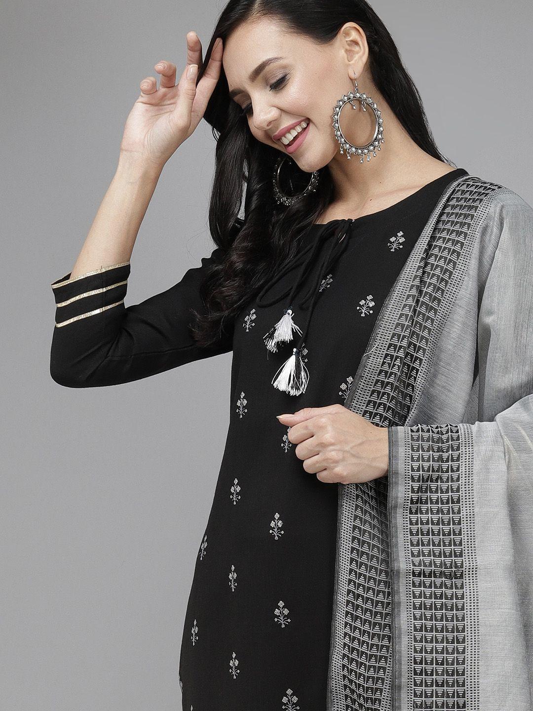 indo-era-women-black-floral-embroidered-regular-kurta-with-palazzos-&-dupatta