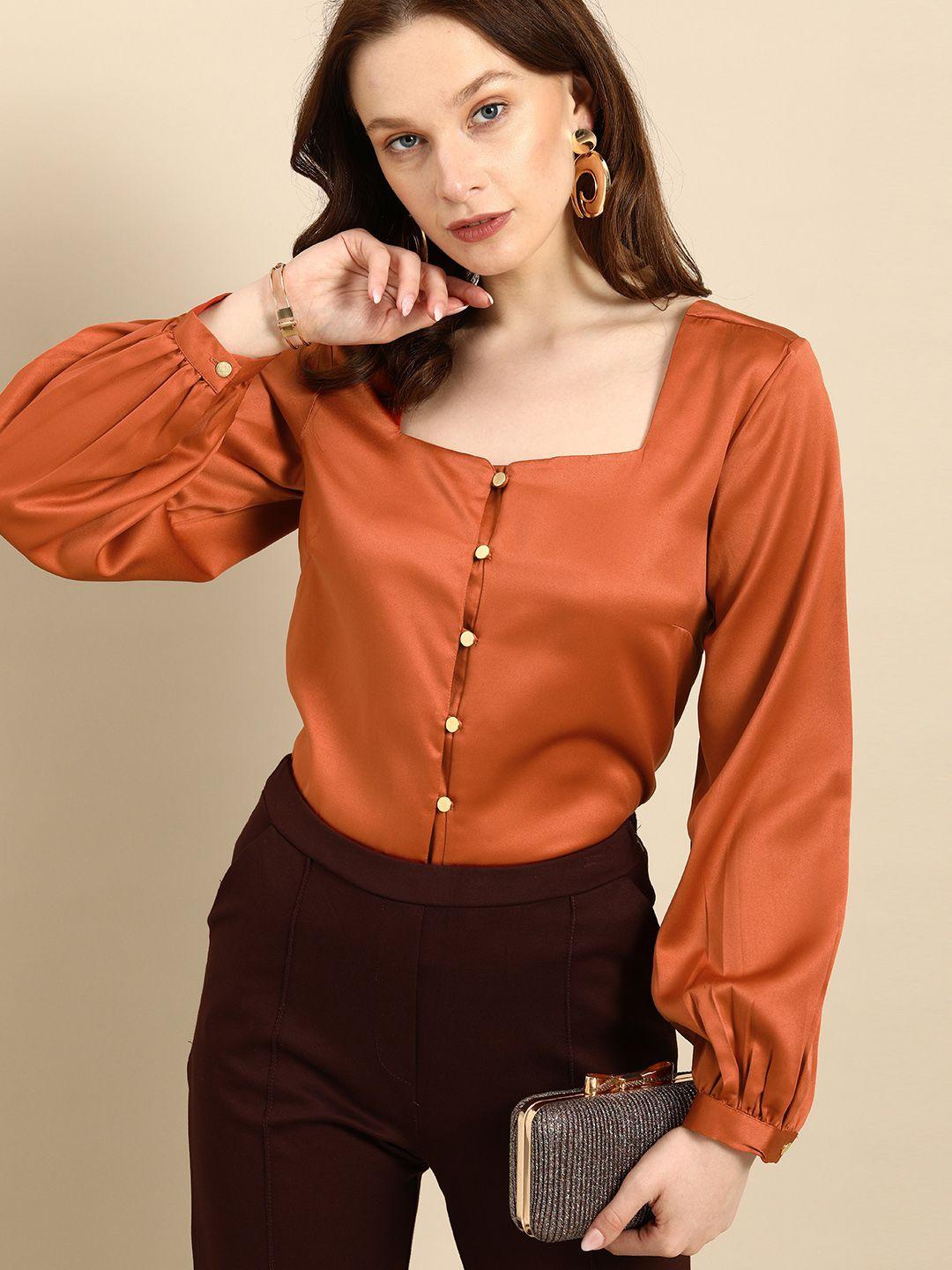 all-about-you-rust-brown-solid-square-neck-cuffed-sleeves-polyester-regular-top