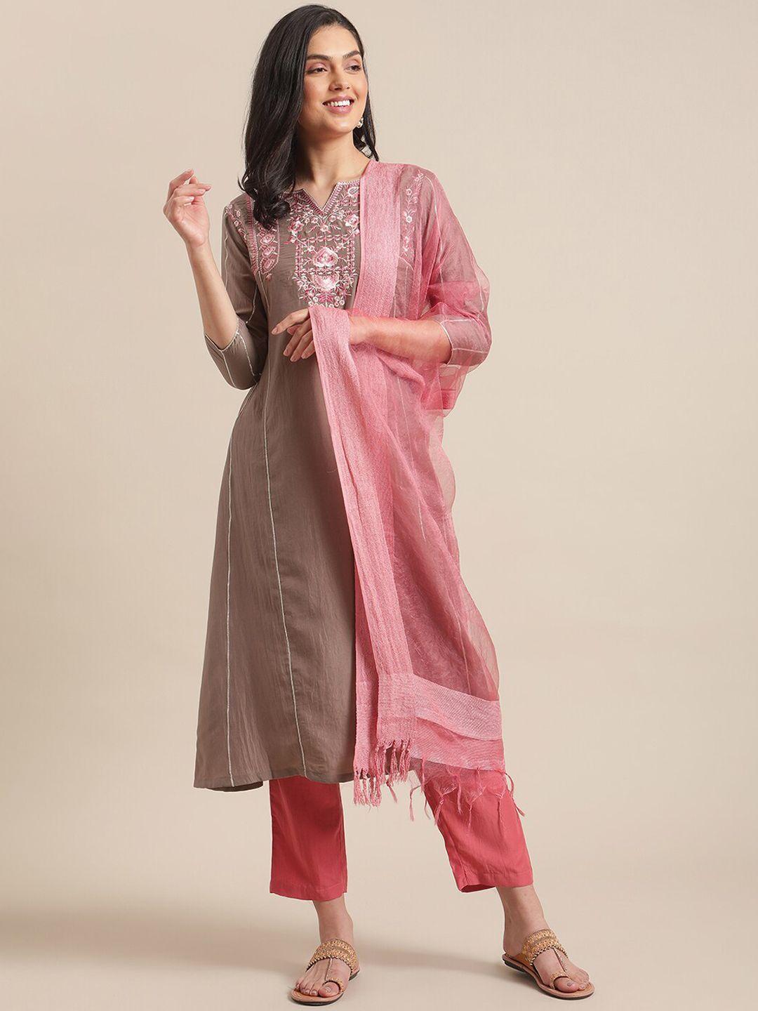 varanga-women-beige-&-pink-floral-yoke-design-regular-kurta-with-trousers-&-dupatta