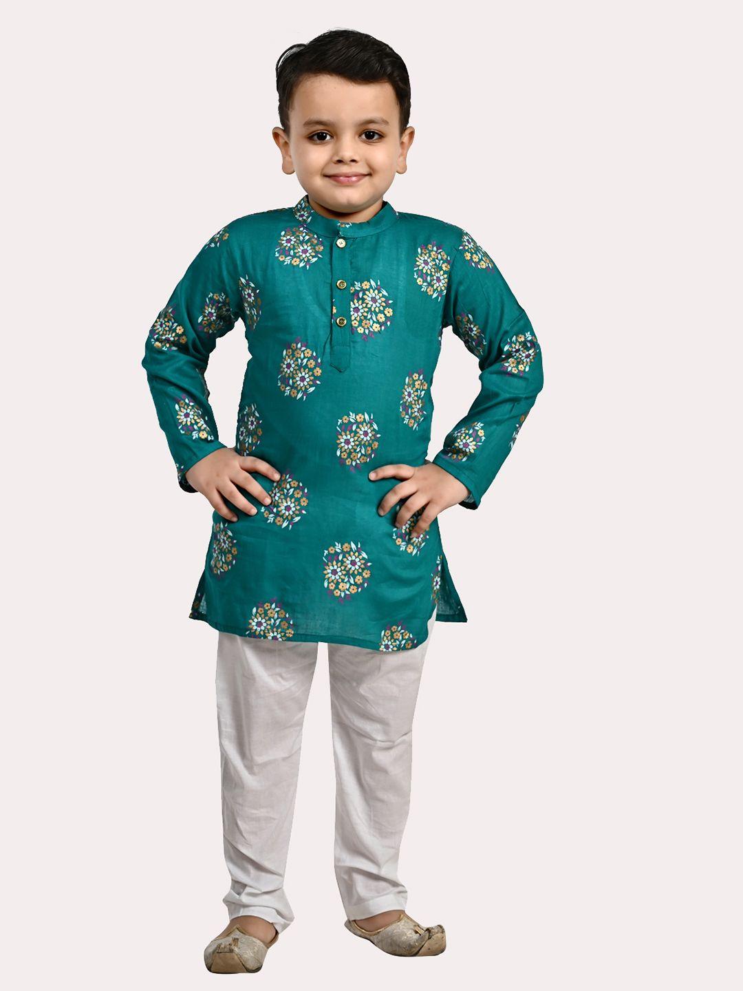 superminis-boys-pure-cotton-gold-foil-printed-teal-&-white-kurta-pyjama-set
