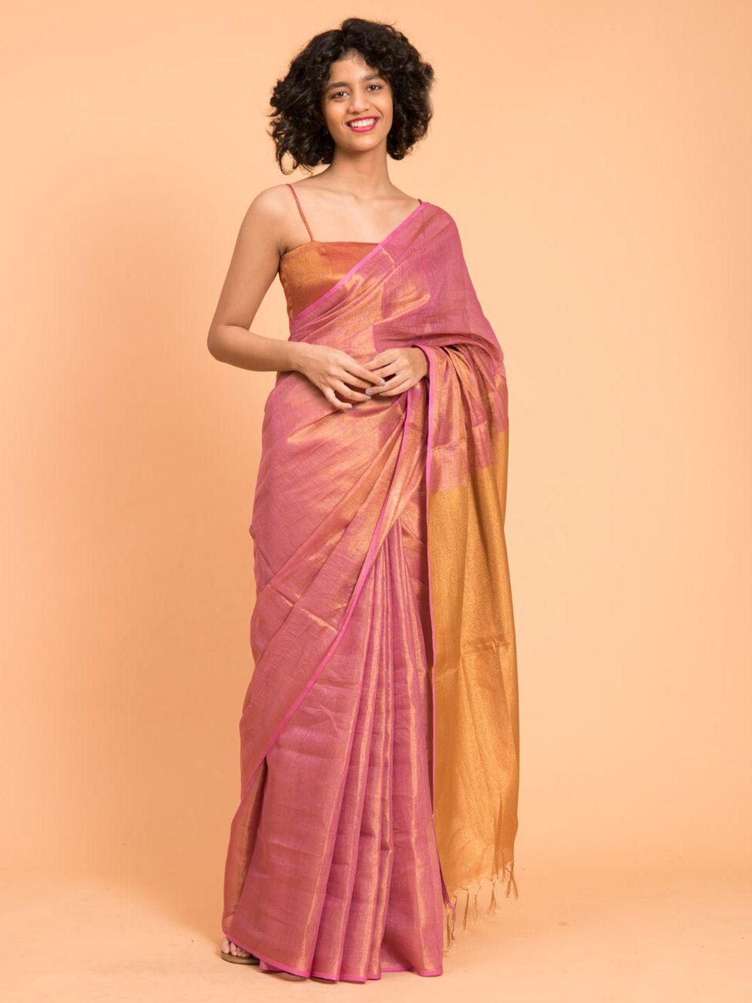 suta-pink-&-gold-toned-zari-pure-linen-saree