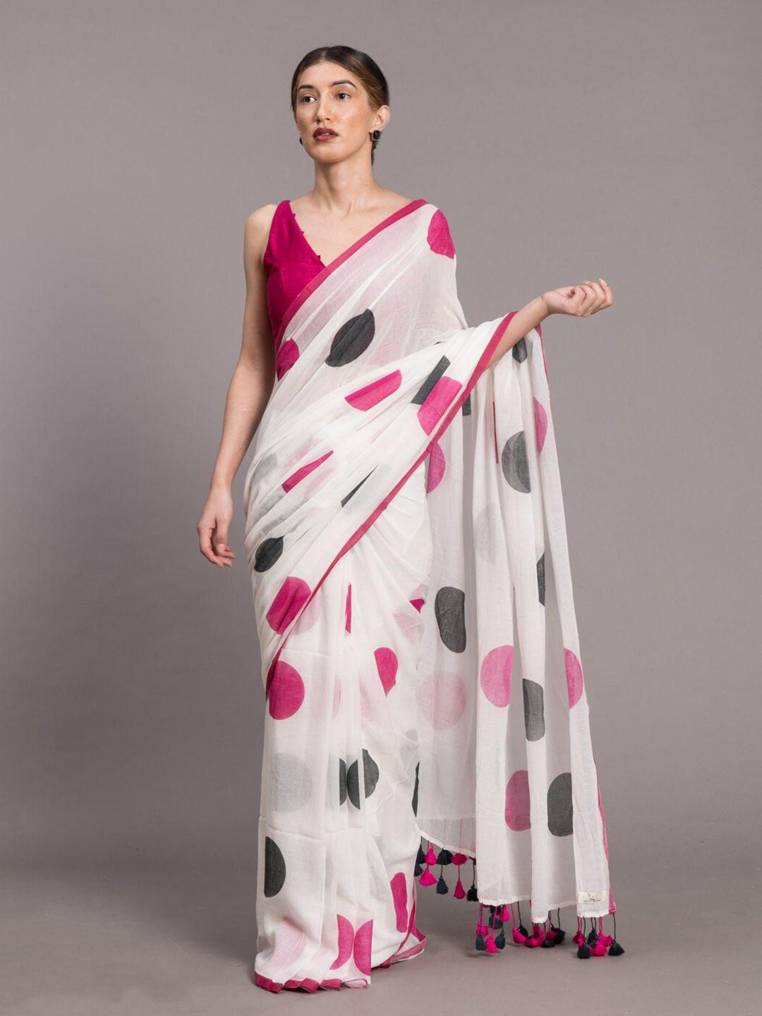 suta-white-&-pink-polka-dot-printed-pure-cotton-saree