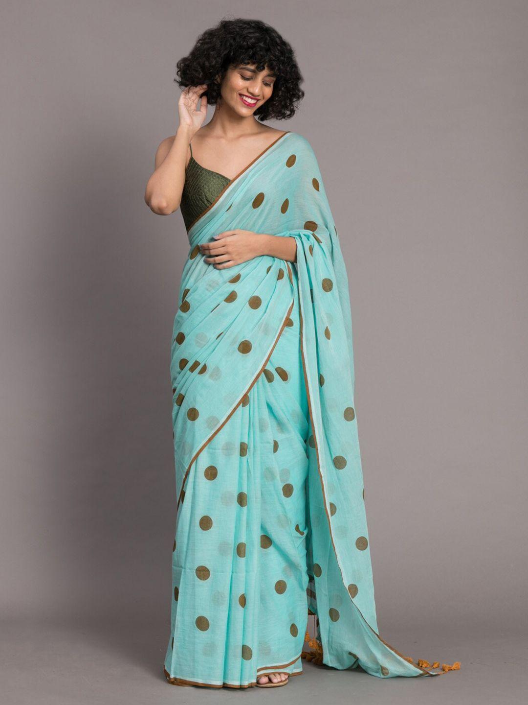 suta-blue-&-brown-polka-printed-pure-cotton-saree