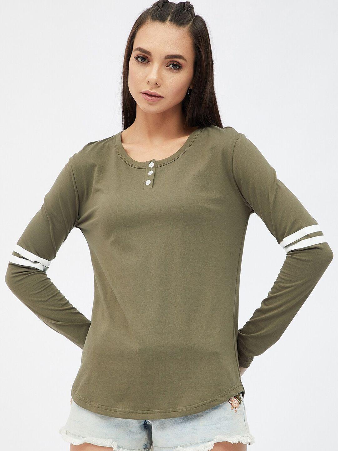 harpa-women-olive-green--white-henley-neck-pure-cotton-t-shirt