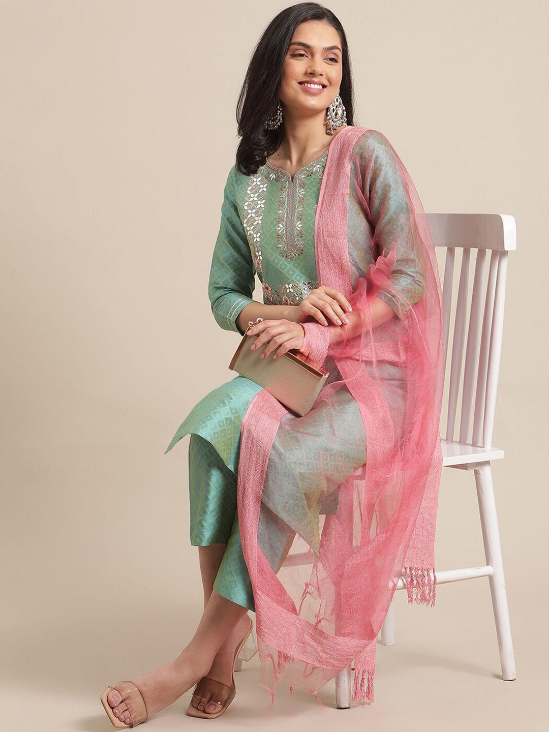 varanga-women-sea-green-woven-design-kurta-with-trousers-&-with-dupatta