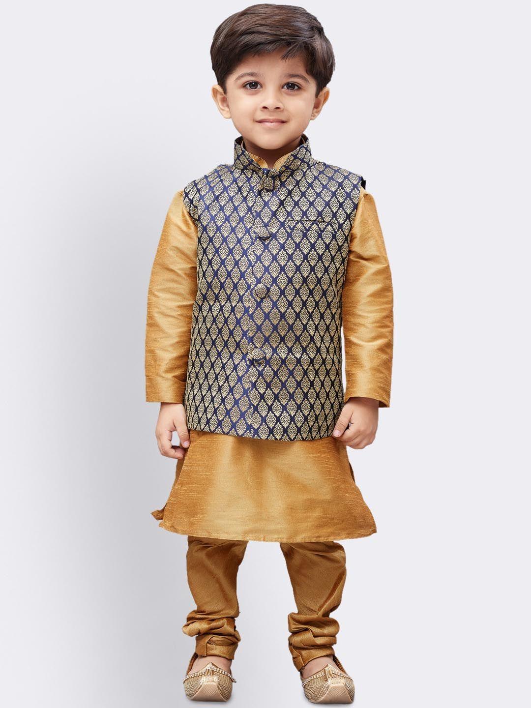 vastramay-boys-gold-toned-regular-kurta-&-churidar-with-nehru-jacket-set