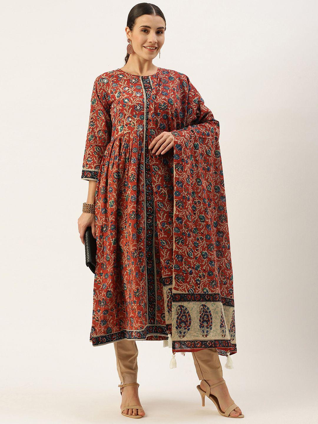 saanjh-women-red-floral-printed-regular-mirror-work-pure-cotton-kurta-with-palazzos-&-with-dupatta