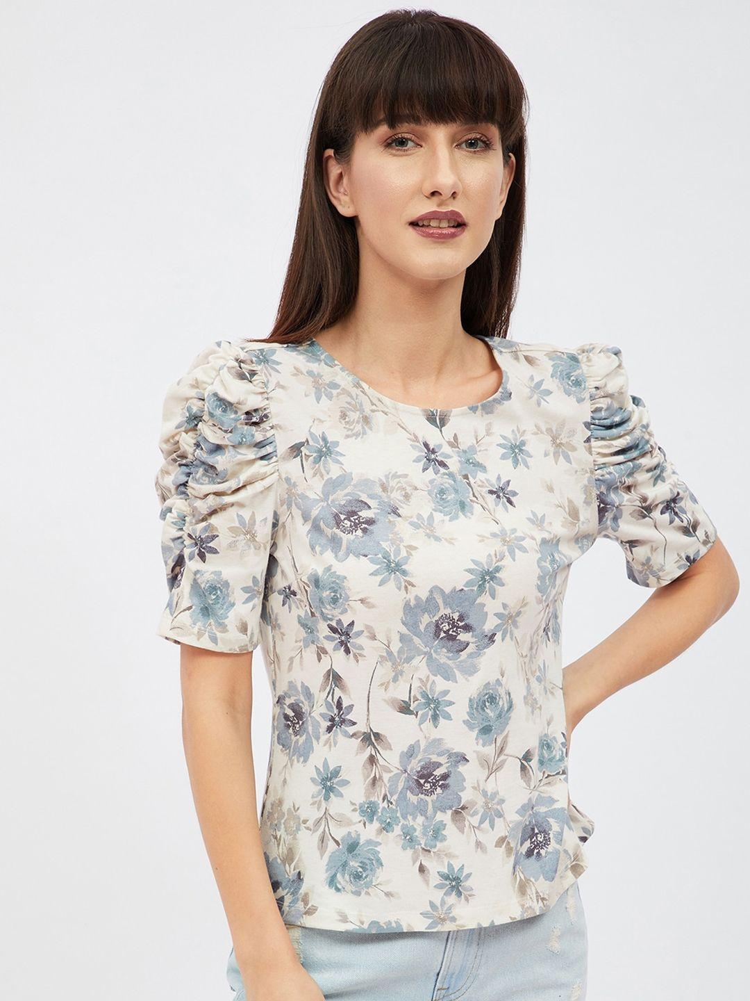 harpa-women-cream-coloured-&-blue-floral-printed-puff-sleeves-top