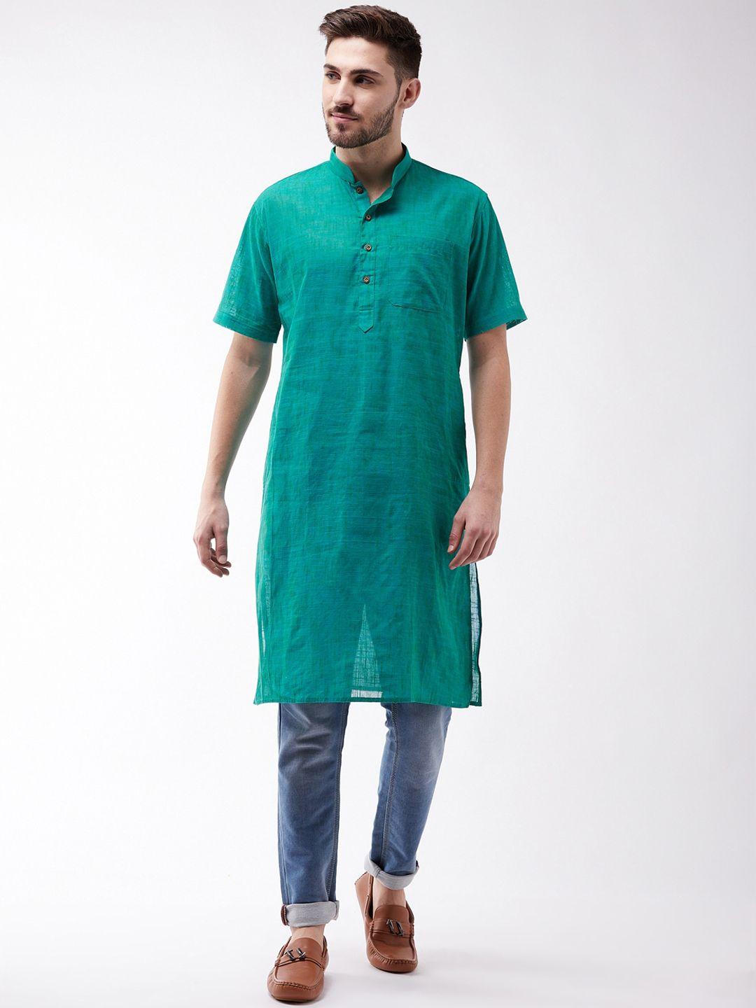 vastramay-men-turquoise-blue-thread-work-handloom-kurta