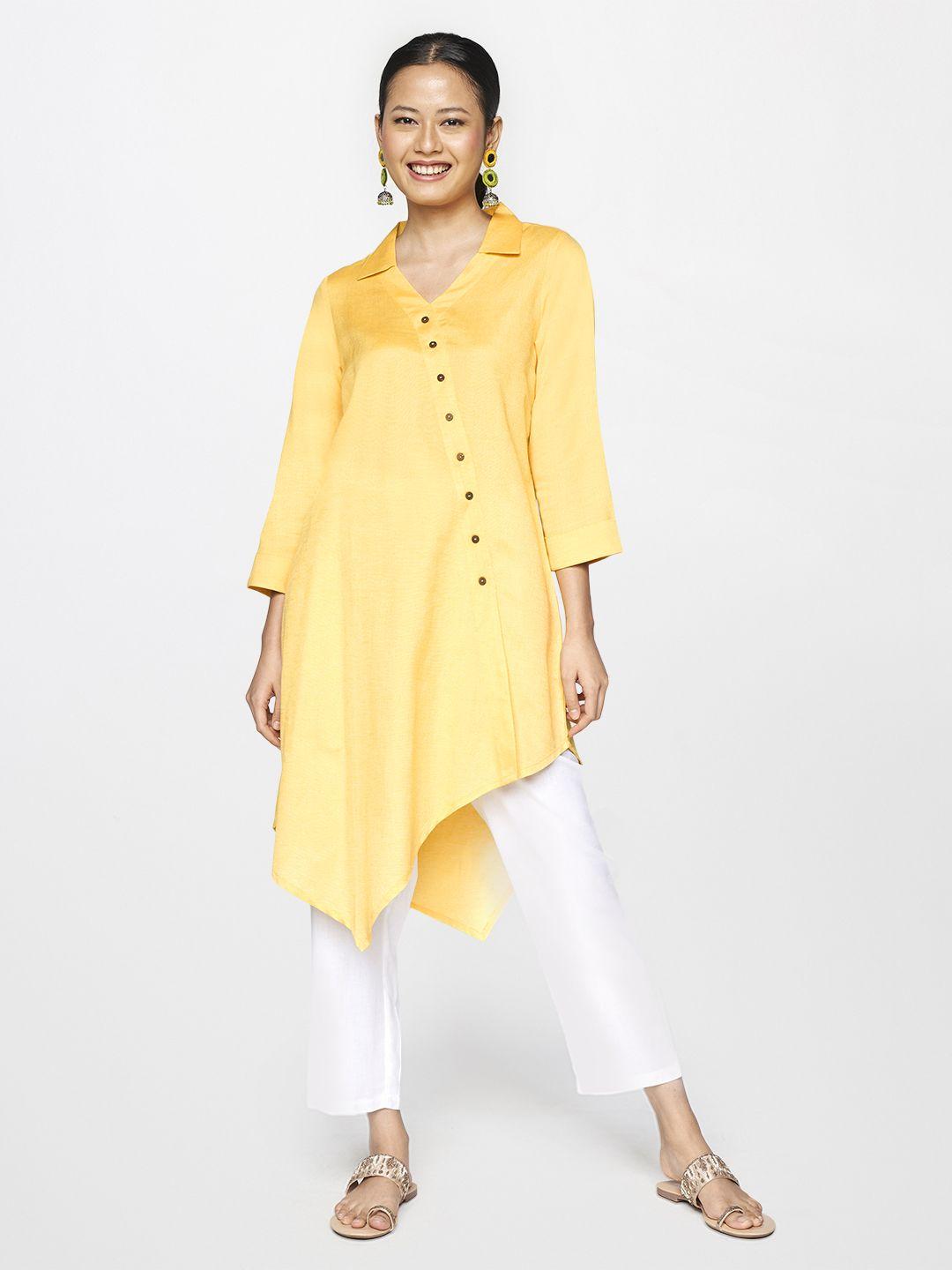 global-desi-yellow-shirt-collar-asymmetric-tunic