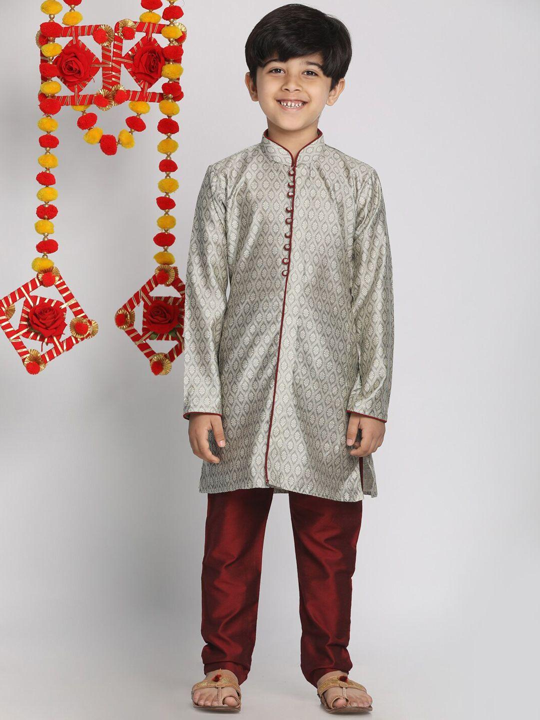 vastramay-boys-grey-&-maroon-ethnic-motifs-printed-regular-kurta-with-pyjamas