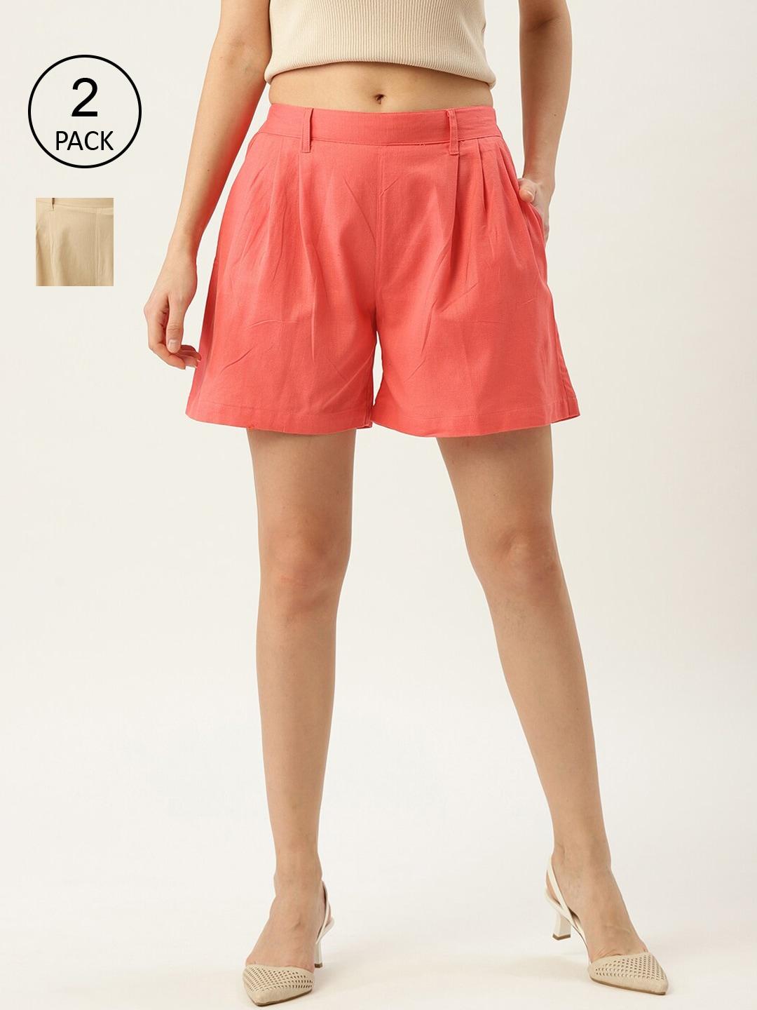 molcha-women-pack-of-2-beige-&-pink-regular-cotton-shorts