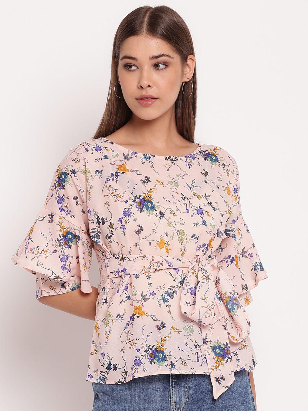 akimia-peach-coloured-floral-printed-bell-sleeves-crepe-cinched-waist-top