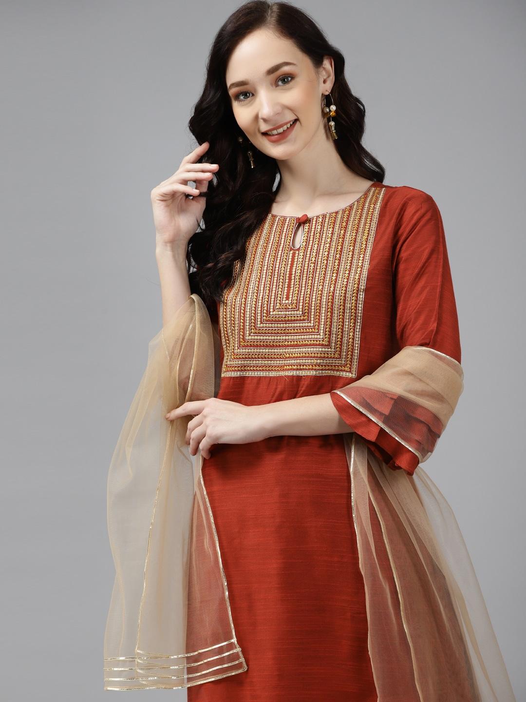 indo-era-women-orange-floral-embroidered-regular-chanderi-silk-kurta-with-palazzos