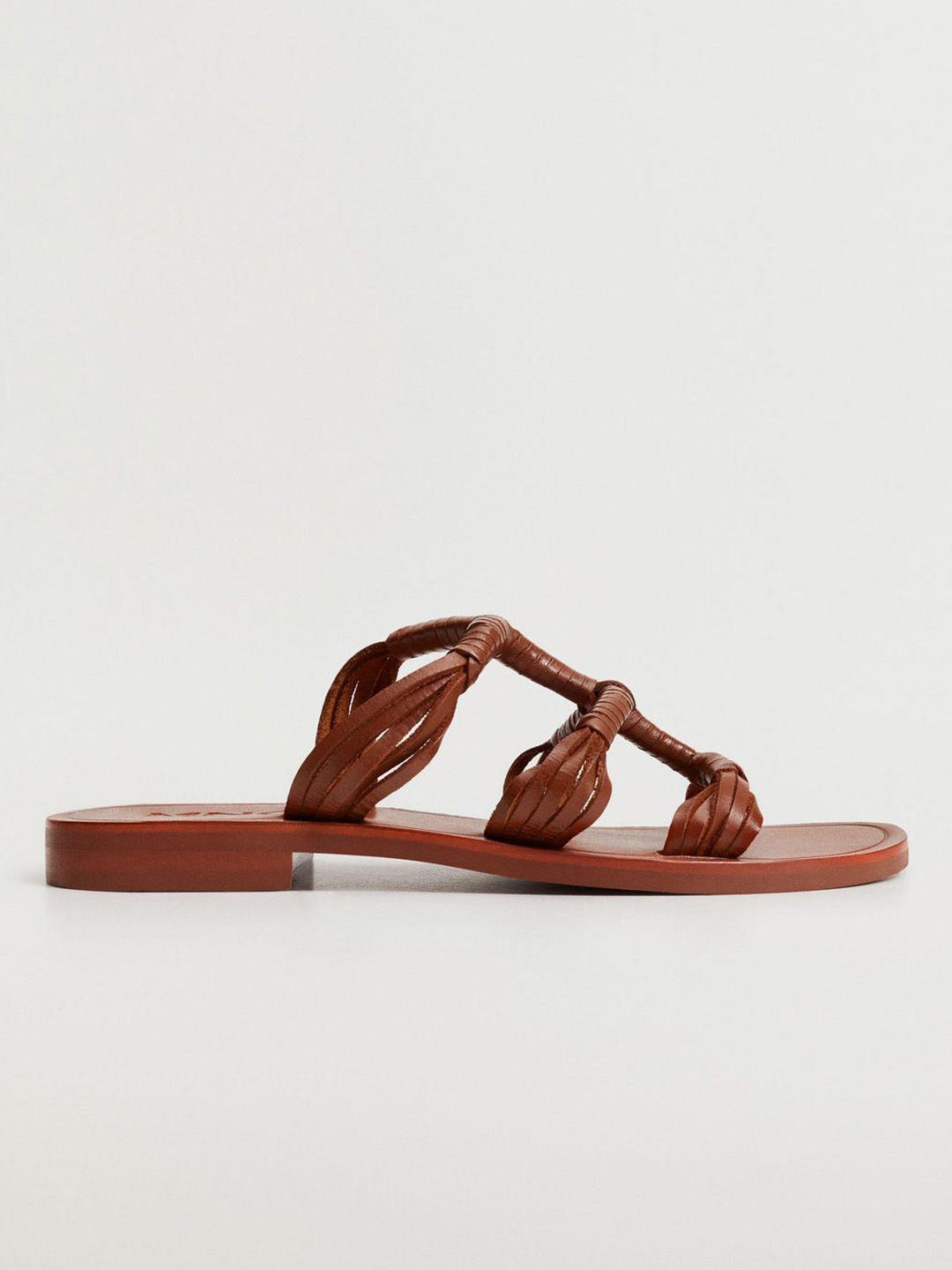 mango-women-brown-textured-leather-open-toe-flats