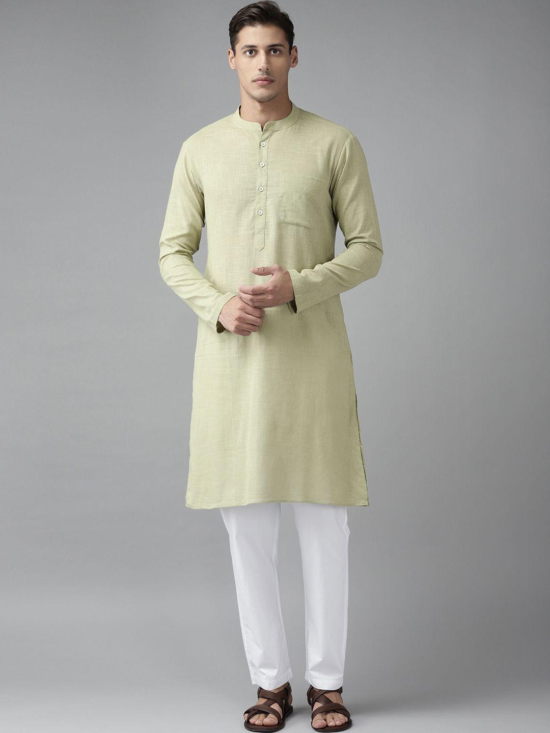 see-designs-men-pistachio-green-&-white-solid-pure-cotton-kurta-with-pyjamas