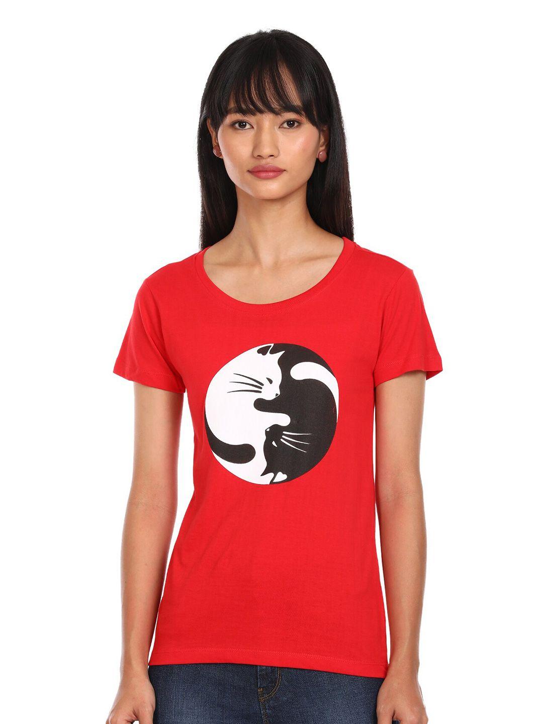 sugr-women-red--black-printed-cotton-pure-cotton-t-shirt