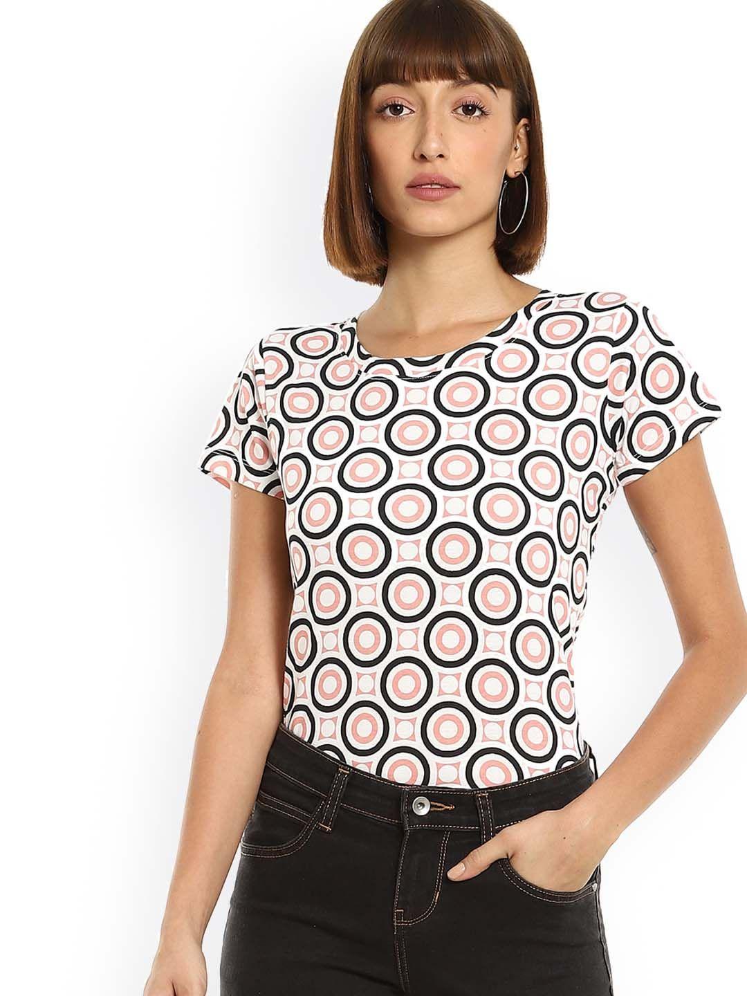 sugr-women-peach-coloured-&-black-printed-t-shirt