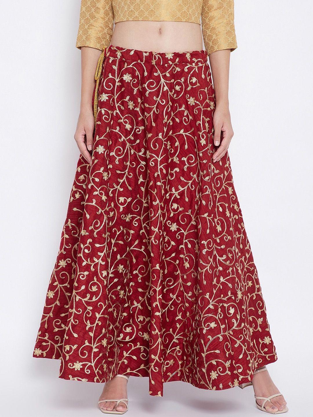 clora-creation-women-maroon-&-gold-colored-embroidered-maxi-skirt