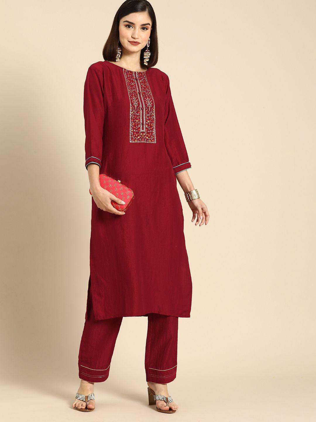 anouk-women-red-floral-yoke-design-regular-pure-cotton-kurta-with-palazzos