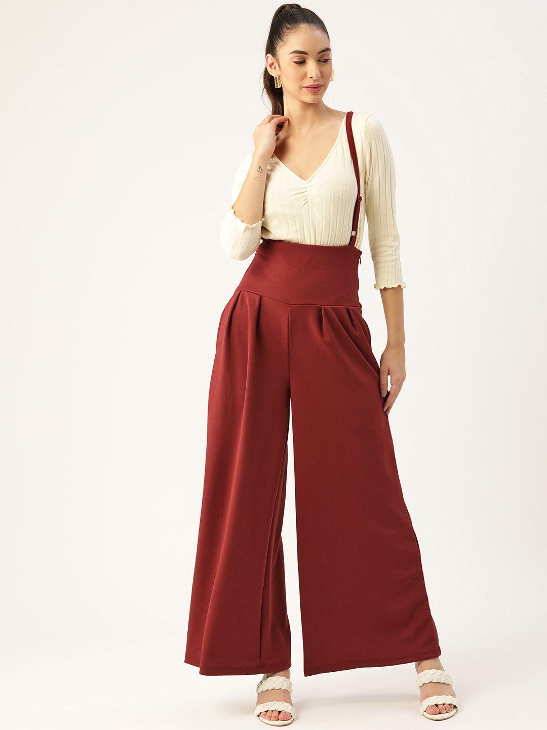 dressberry-women-maroon-high-rise-pleated-parallel-trousers-with-suspenders