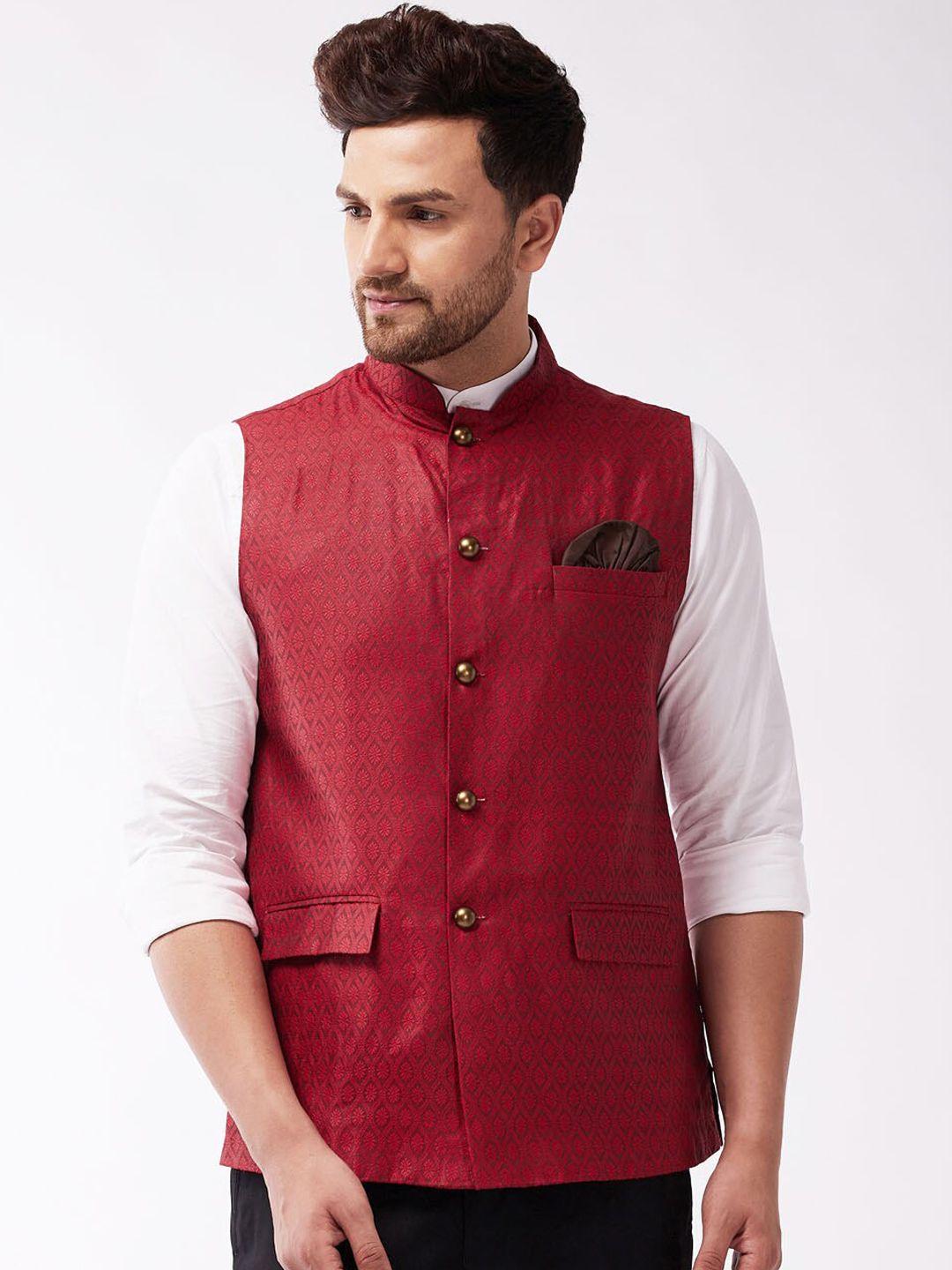 vastramay-men-maroon-woven-design-slim-fit-nehru-jacket