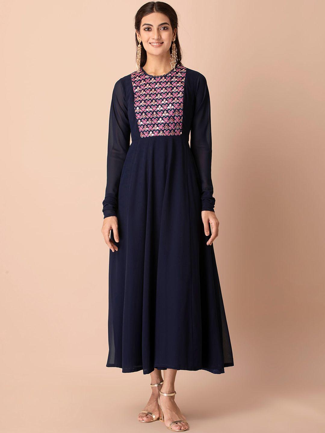 indya-navy-blue-&-pink-floral-embroidered-churidar-sleeve-anarkali-dress