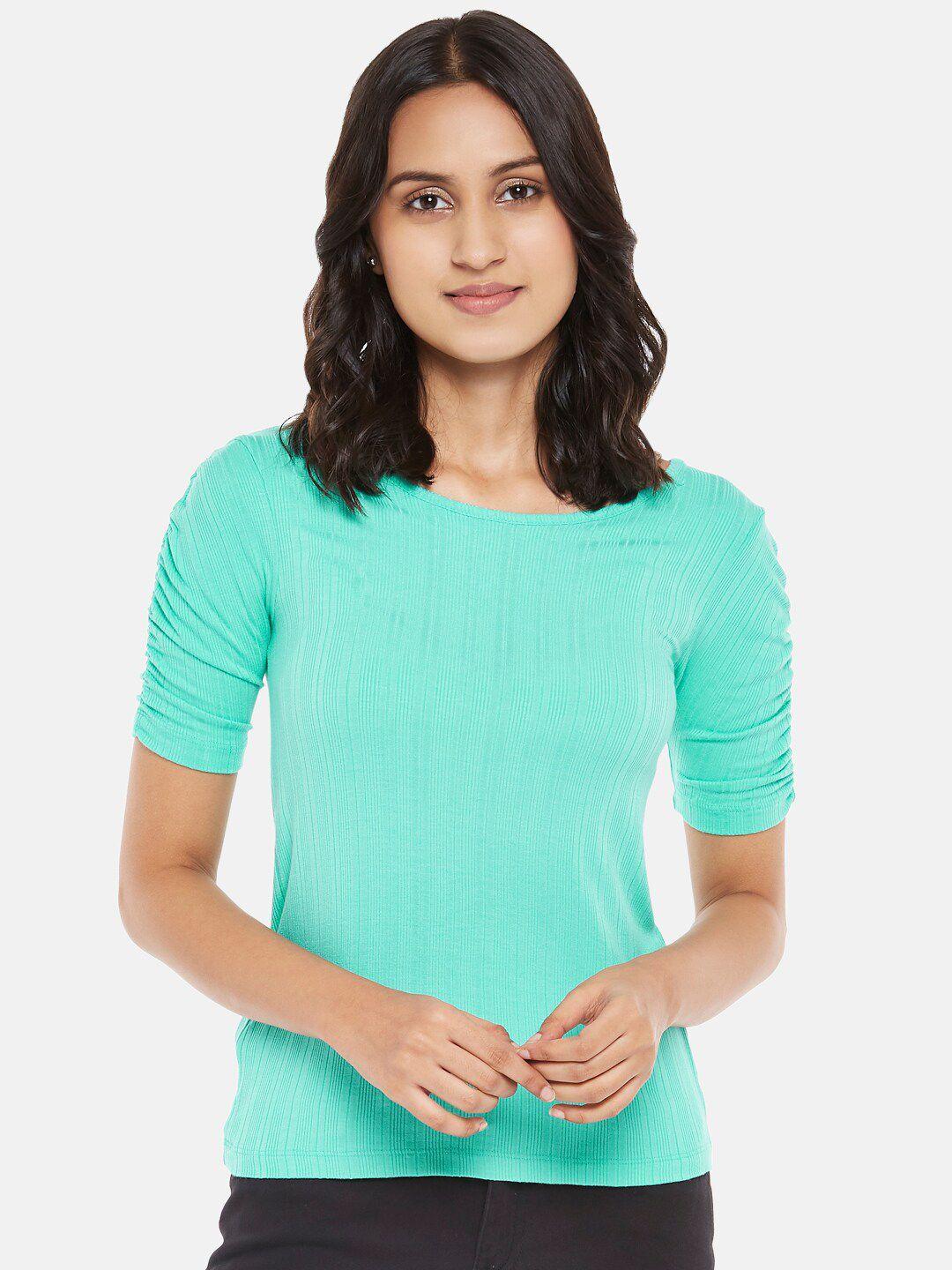 honey-by-pantaloons-green-self-striped-top-with-gathered-sleeves