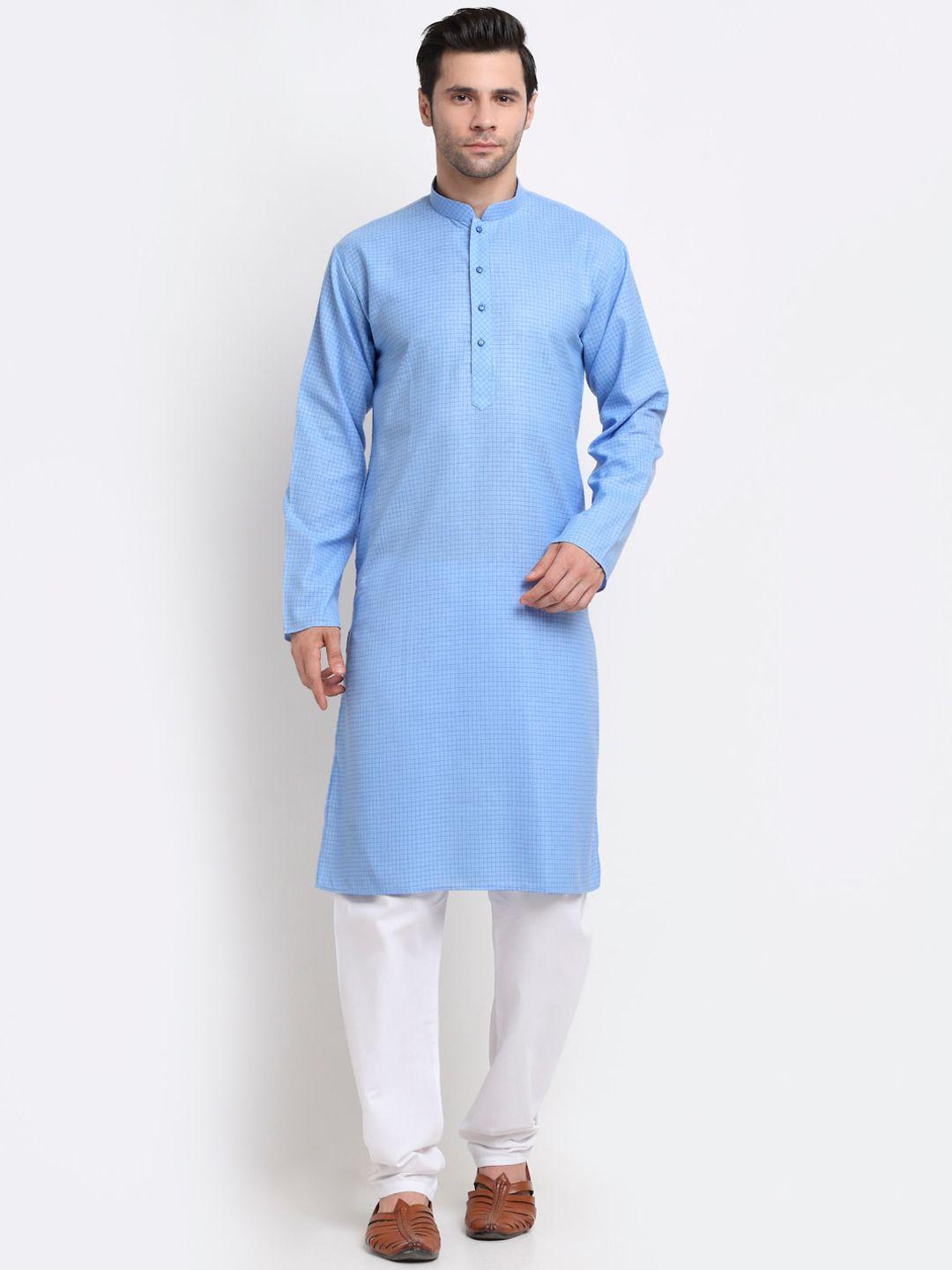 kraft-india-men-blue-checked-pure-cotton-kurta-with-pyjamas