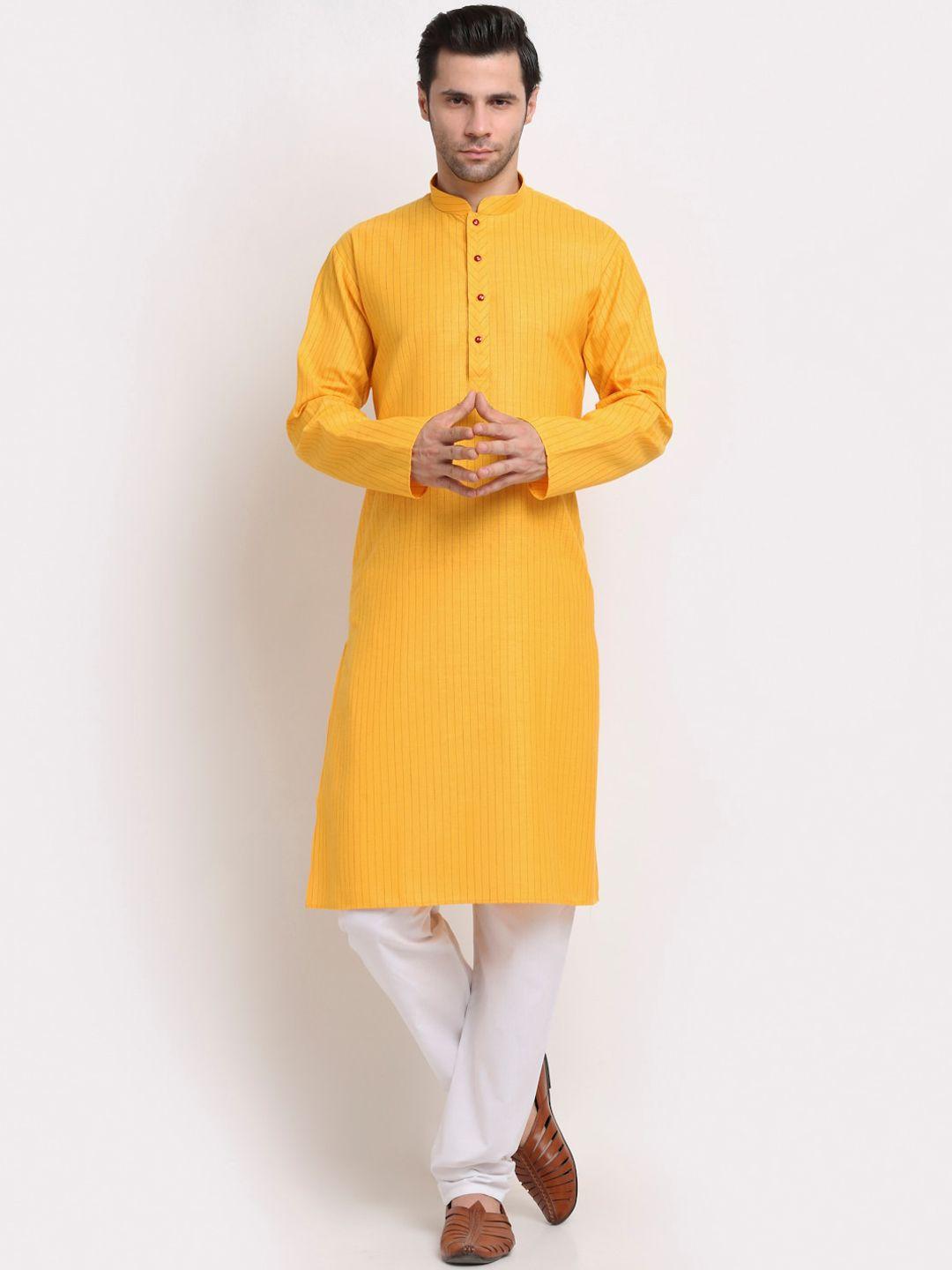 kraft-india-men-mustard-yellow-striped-regular-pure-cotton-kurta-with-pyjamas