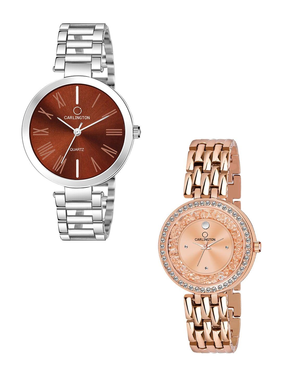 carlington-women-set-of-2-stainless-steel-bracelet-style-straps-analogue-watches