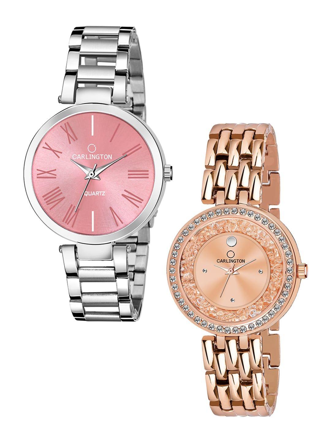 carlington-women-set-of-2-analogue-watch---combo-112-pink-and-mova-diamond-rosegold