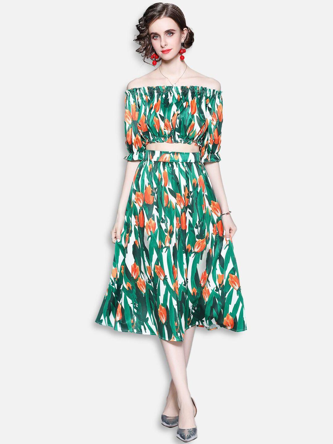 jc-collection-women-green-&-orange-printed-top-with-skirt