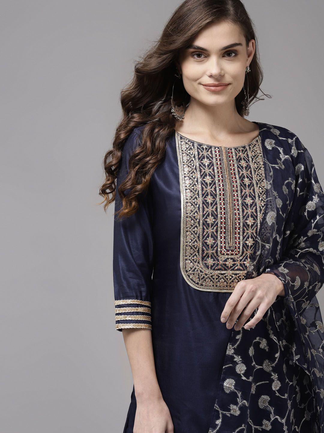indo-era-women-navy-blue-floral-embroidered-regular-sequinned-kurta-with-trousers-&-with-dupatta