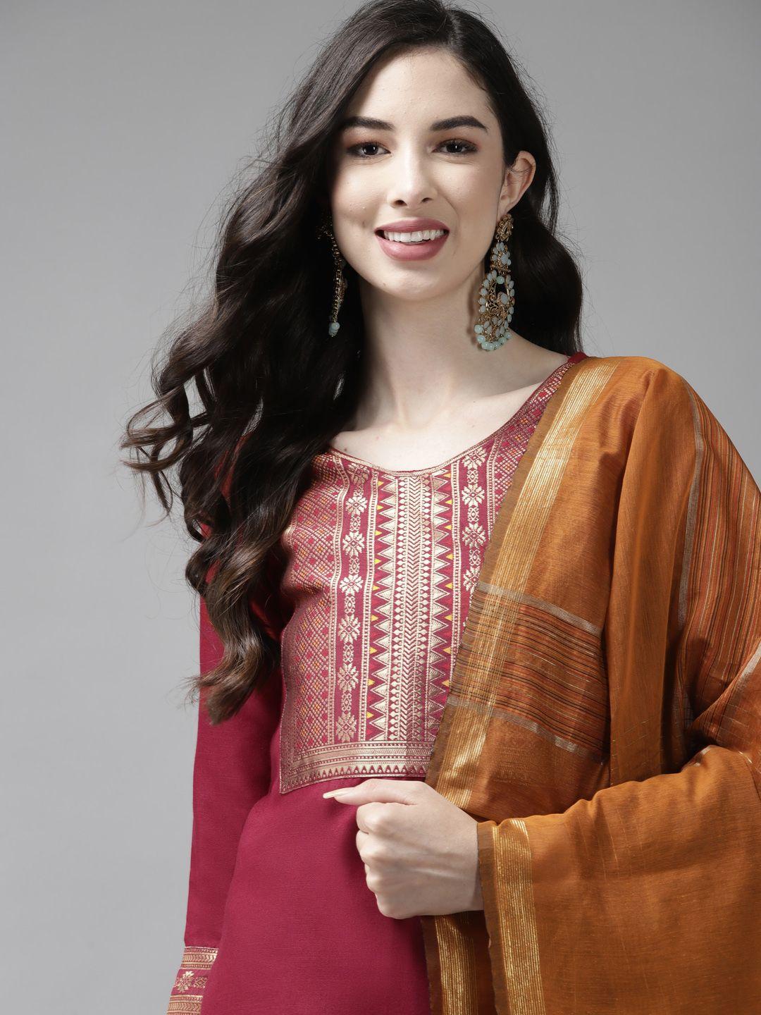 indo-era-women-maroon-yoke-design-regular-kurta-with-palazzos-&-dupatta